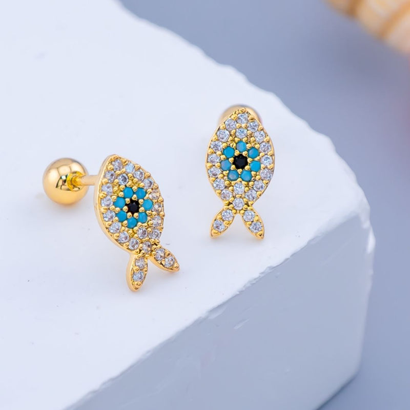 Aretes piercing en forma de pez ojo turco con zirconia baño 18k