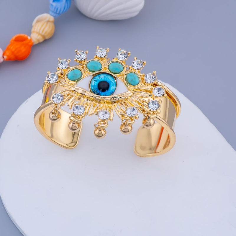 Brazalete chunky ojo turco piedras naturales, zirconia baño 18k