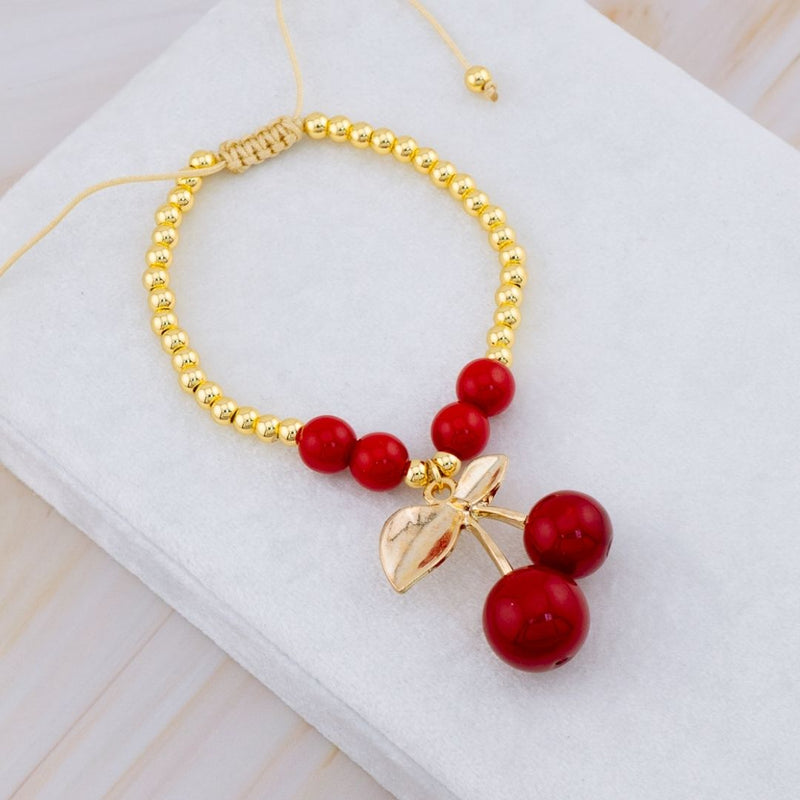 Pulsera ajustable de hilo con bolitas de baño 18k y colgante de cereza