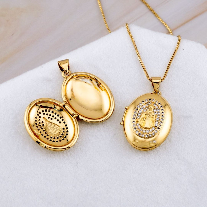 Dije Relicario de la virgen Milagrosa con micropave y baño 18k