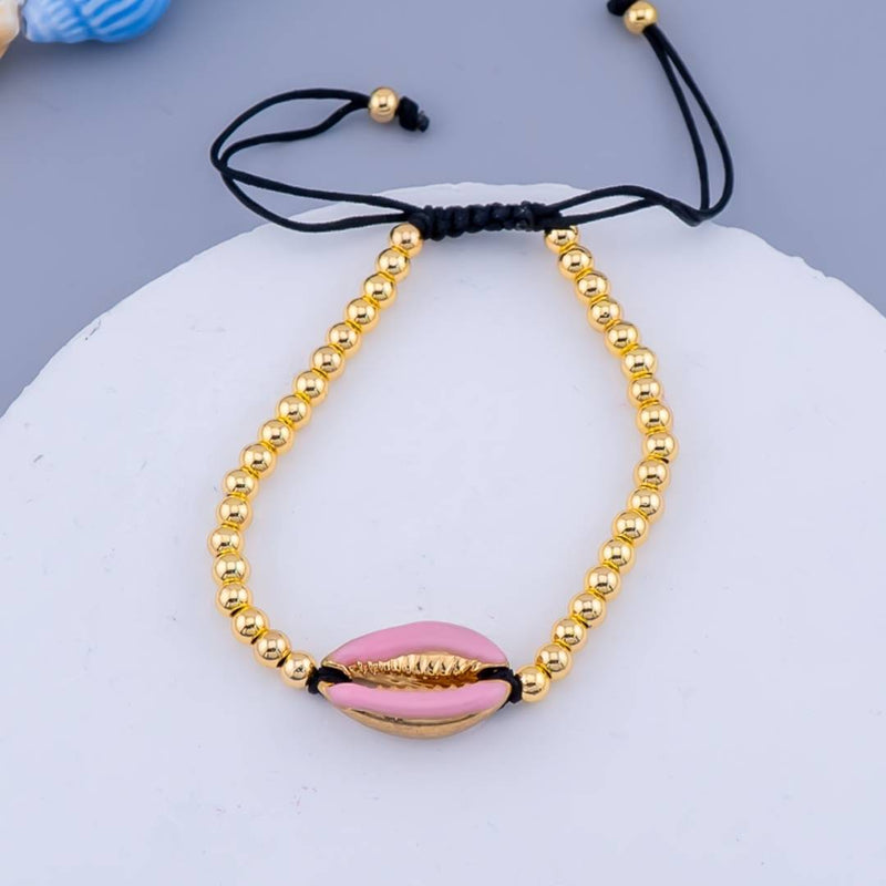 Pulsera ajustable de conchas de mar de hilo y bolitas en baño 18k