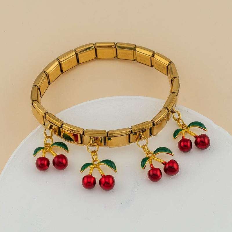 Pulsera elastica estilo Italiana acero inoxidable y colgantes de cereza