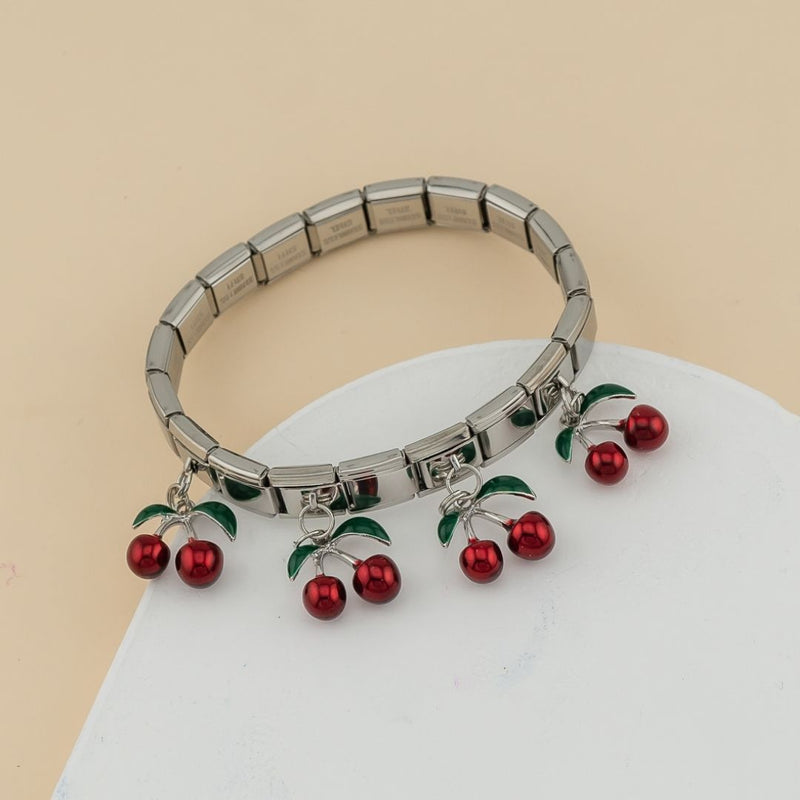 Pulsera elastica estilo Italiana acero inoxidable y colgantes de cereza
