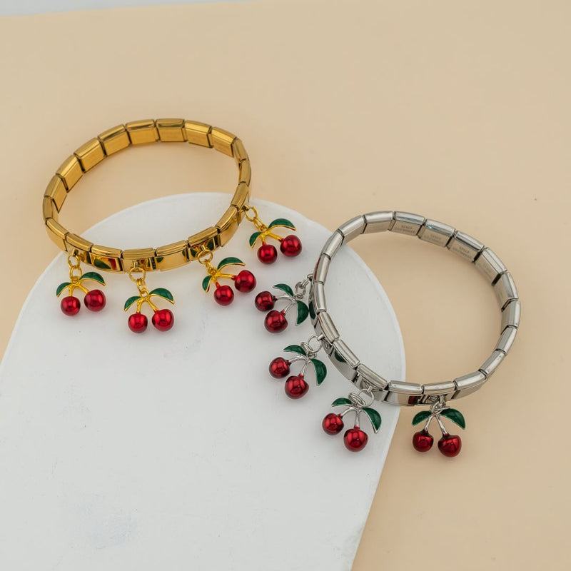 Pulsera elastica estilo Italiana acero inoxidable y colgantes de cereza