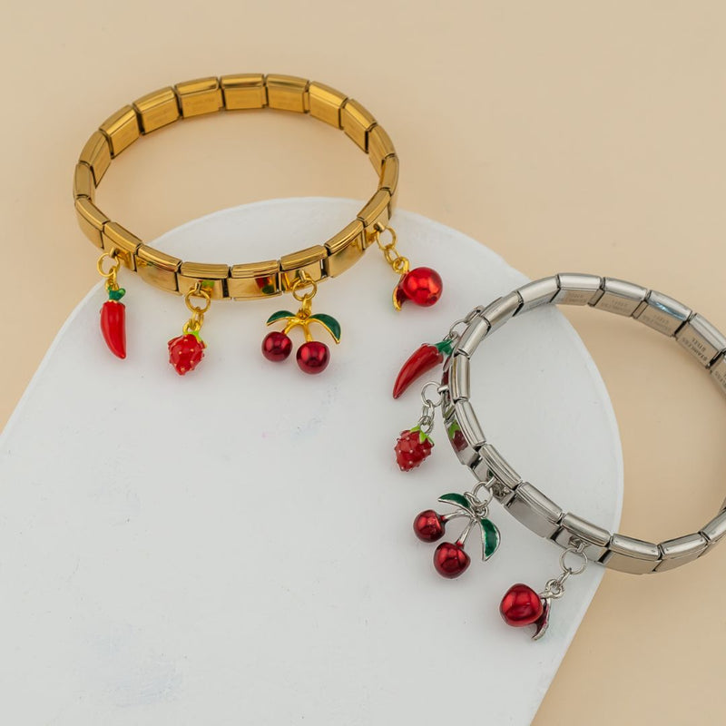 Pulsera elastica estilo Italiana acero inoxidable y colgantes de frutas