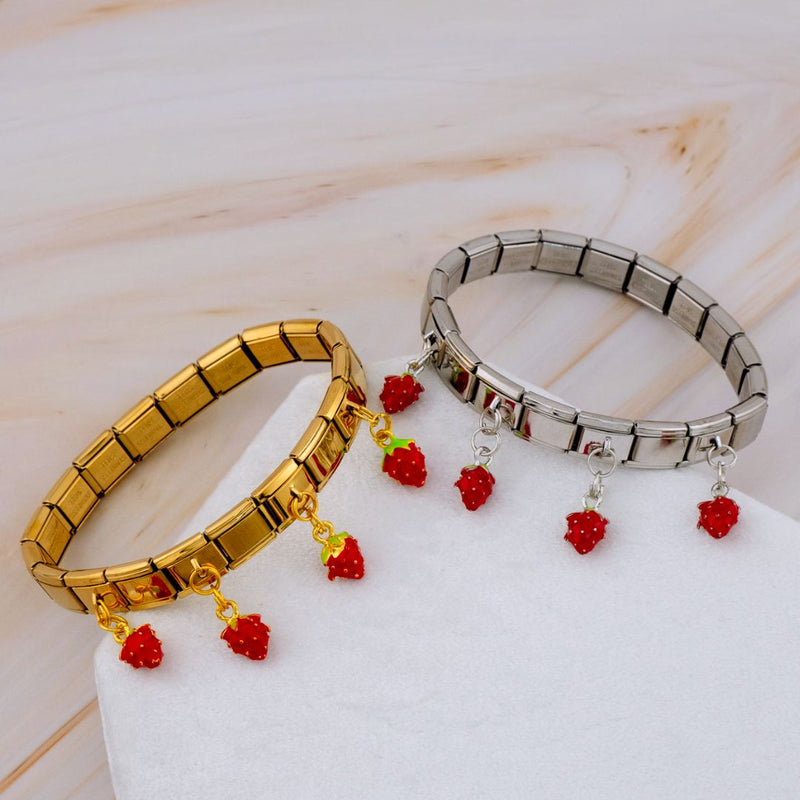 Pulsera elastica estilo Italiana acero inoxidable y colgantes de fresas