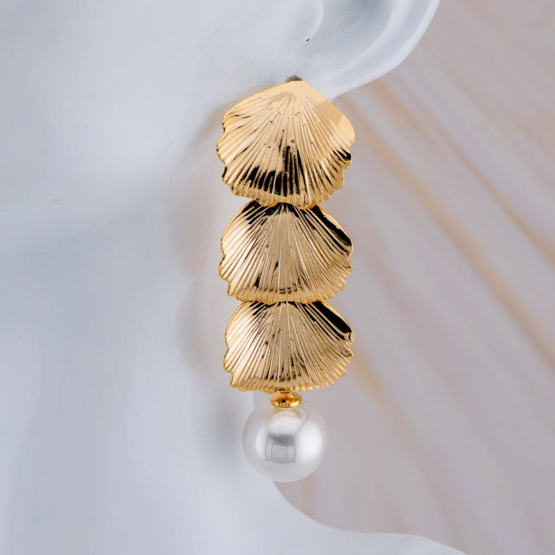 Aretes en tendencia largos forma de hoja, baño 18k con perlas