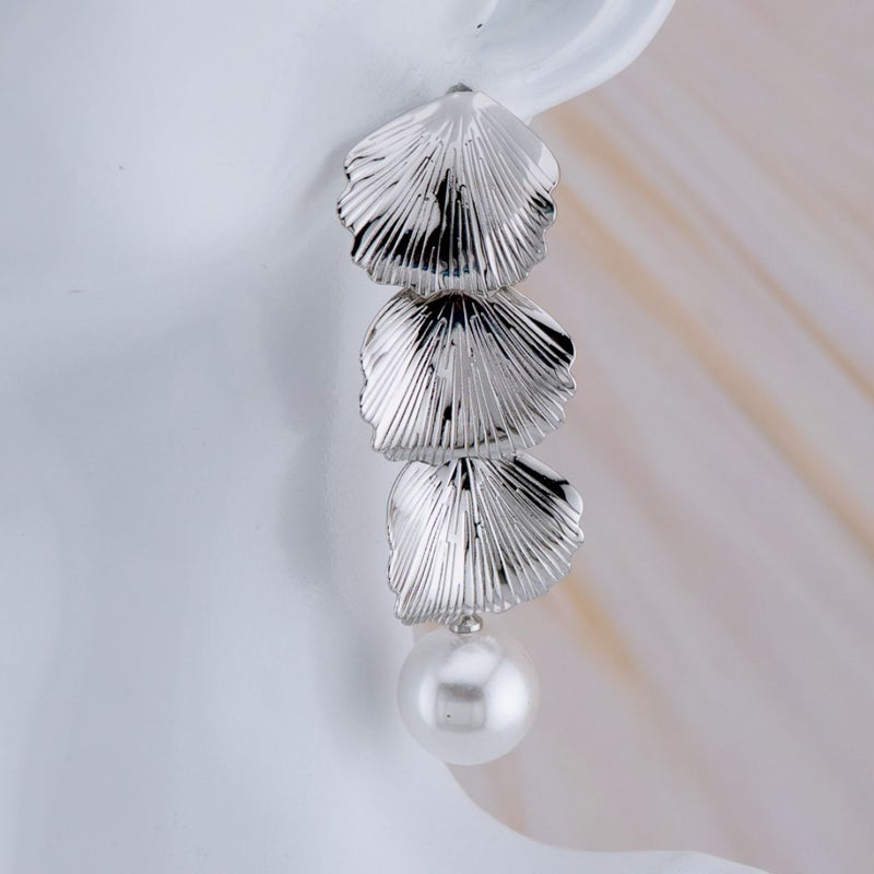 Aretes en tendencia largos forma de hoja, baño 18k con perlas