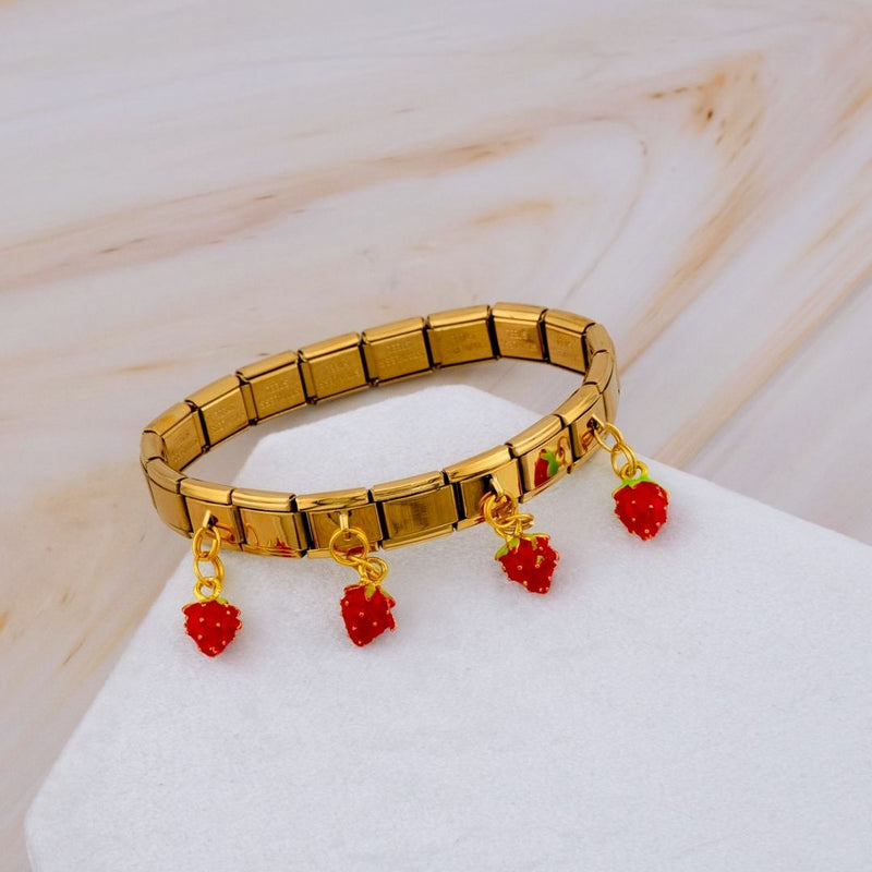 Pulsera elastica estilo Italiana acero inoxidable y colgantes de fresas