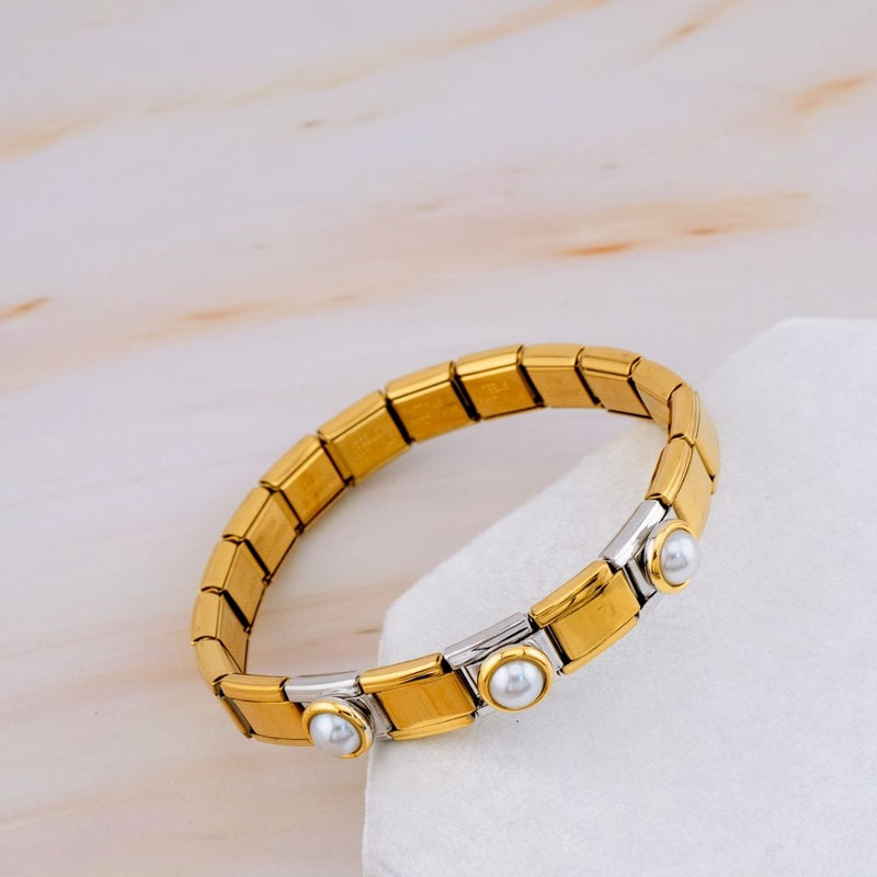 Pulsera elastica estilo Italiana acero inoxidable y perlas